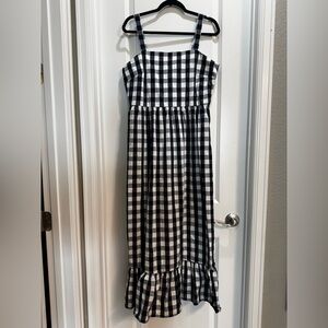 J Crew Blue/White Gingham Dress Large Elastic Back Panel Strap Side Zip Tiered